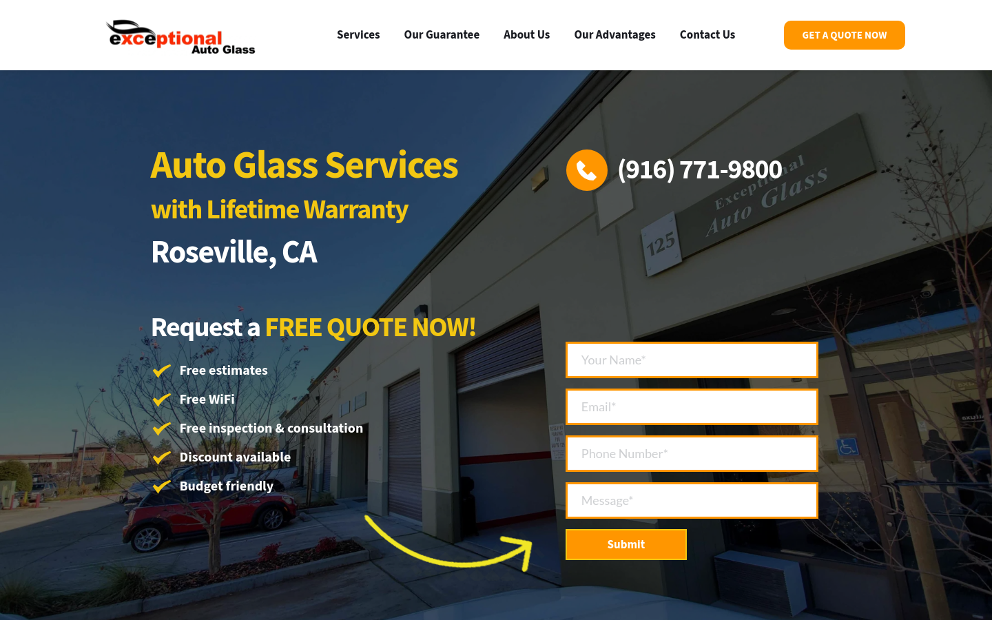 Exceptional Auto Glass homepage showing its Roseville shop and lifetime warranty offer