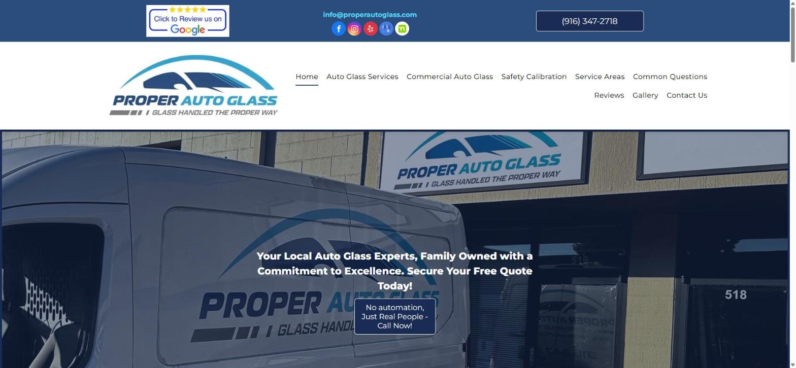 Proper Auto Glass homepage showing its mobile service van and Roseville location